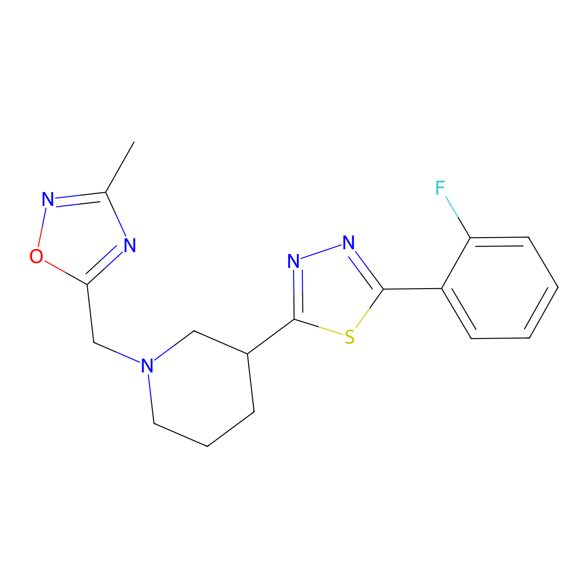3-[5-(2-Fluorophenyl)-1,3,4-thiadiazol-2-yl]-1-[(3-methyl-1,2,4-oxadiazol-5-yl)methyl]piperidine molecular structure, CAS 2549005-14-1