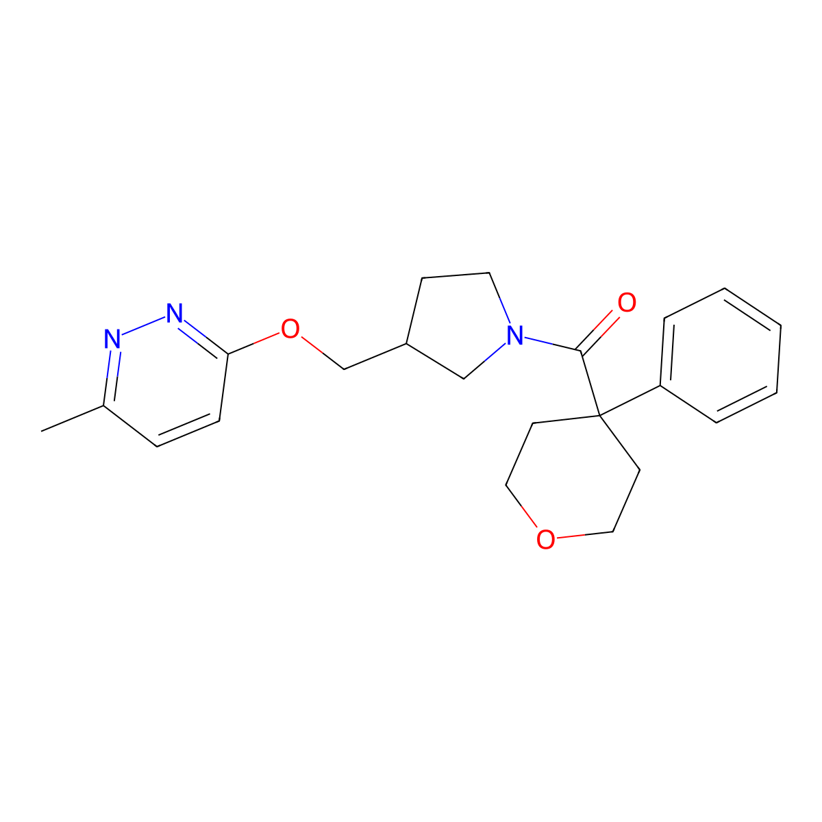 3-Methyl-6-{[1-(4-phenyloxane-4-carbonyl)pyrrolidin-3-yl]methoxy}pyridazine molecular structure, CAS 2549005-17-4
