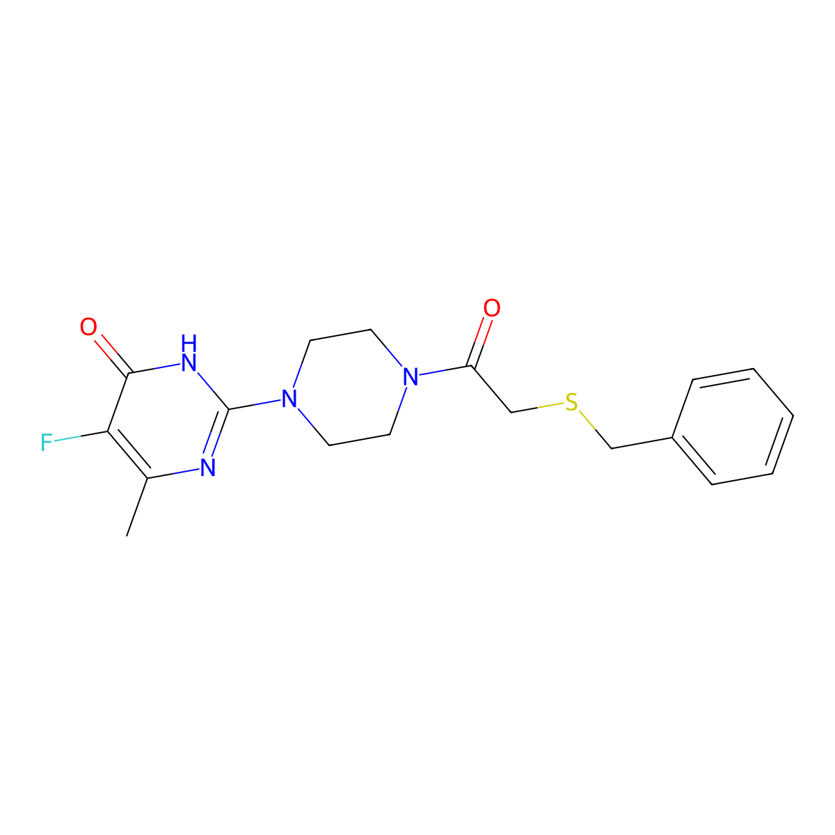 2-{4-[2-(Benzylsulfanyl)acetyl]piperazin-1-yl}-5-fluoro-6-methyl-3,4-dihydropyrimidin-4-one molecular structure, CAS 2549005-21-0