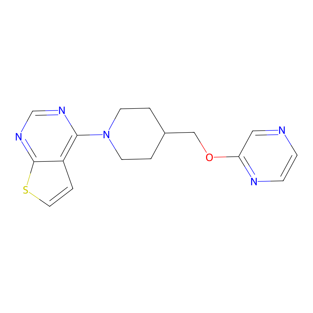 2-[(1-{Thieno[2,3-d]pyrimidin-4-yl}piperidin-4-yl)methoxy]pyrazine molecular structure, CAS 2549005-25-4