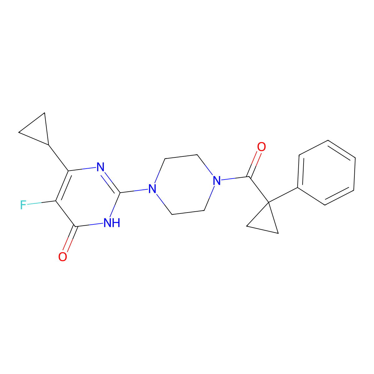 6-Cyclopropyl-5-fluoro-2-[4-(1-phenylcyclopropanecarbonyl)piperazin-1-yl]-3,4-dihydropyrimidin-4-one molecular structure, CAS 2549005-28-7