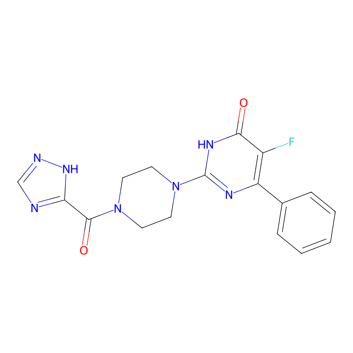 5-fluoro-6-phenyl-2-[4-(1H-1,2,4-triazole-3-carbonyl)piperazin-1-yl]-3,4-dihydropyrimidin-4-one molecular structure, CAS 2549005-34-5