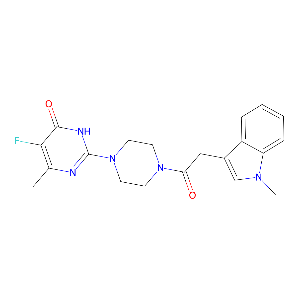 5-fluoro-6-methyl-2-{4-[2-(1-methyl-1H-indol-3-yl)acetyl]piperazin-1-yl}-3,4-dihydropyrimidin-4-one molecular structure, CAS 2549005-44-7