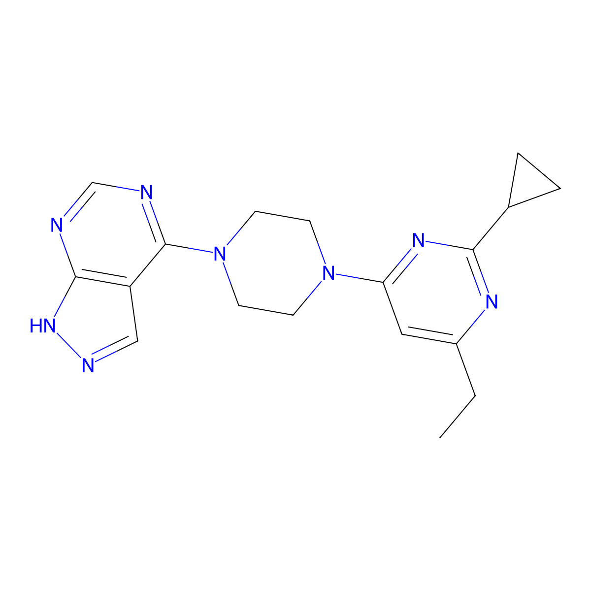 2-cyclopropyl-4-ethyl-6-(4-{1H-pyrazolo[3,4-d]pyrimidin-4-yl}piperazin-1-yl)pyrimidine molecular structure, CAS 2549005-46-9