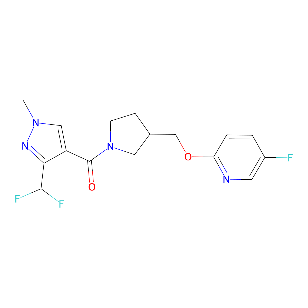 2-({1-[3-(difluoromethyl)-1-methyl-1H-pyrazole-4-carbonyl]pyrrolidin-3-yl}methoxy)-5-fluoropyridine molecular structure, CAS 2549005-48-1