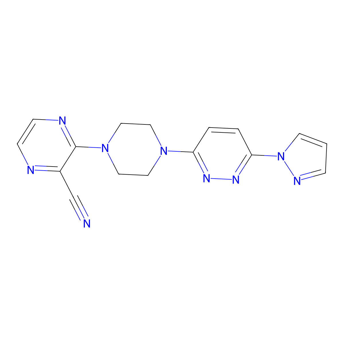 3-{4-[6-(1H-pyrazol-1-yl)pyridazin-3-yl]piperazin-1-yl}pyrazine-2-carbonitrile molecular structure, CAS 2549005-59-4