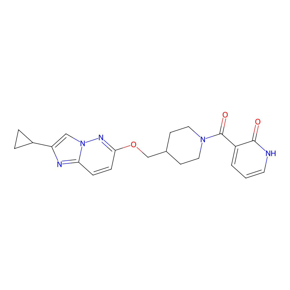 3-{4-[({2-Cyclopropylimidazo[1,2-b]pyridazin-6-yl}oxy)methyl]piperidine-1-carbonyl}-1,2-dihydropyridin-2-one molecular structure, CAS 2549005-60-7