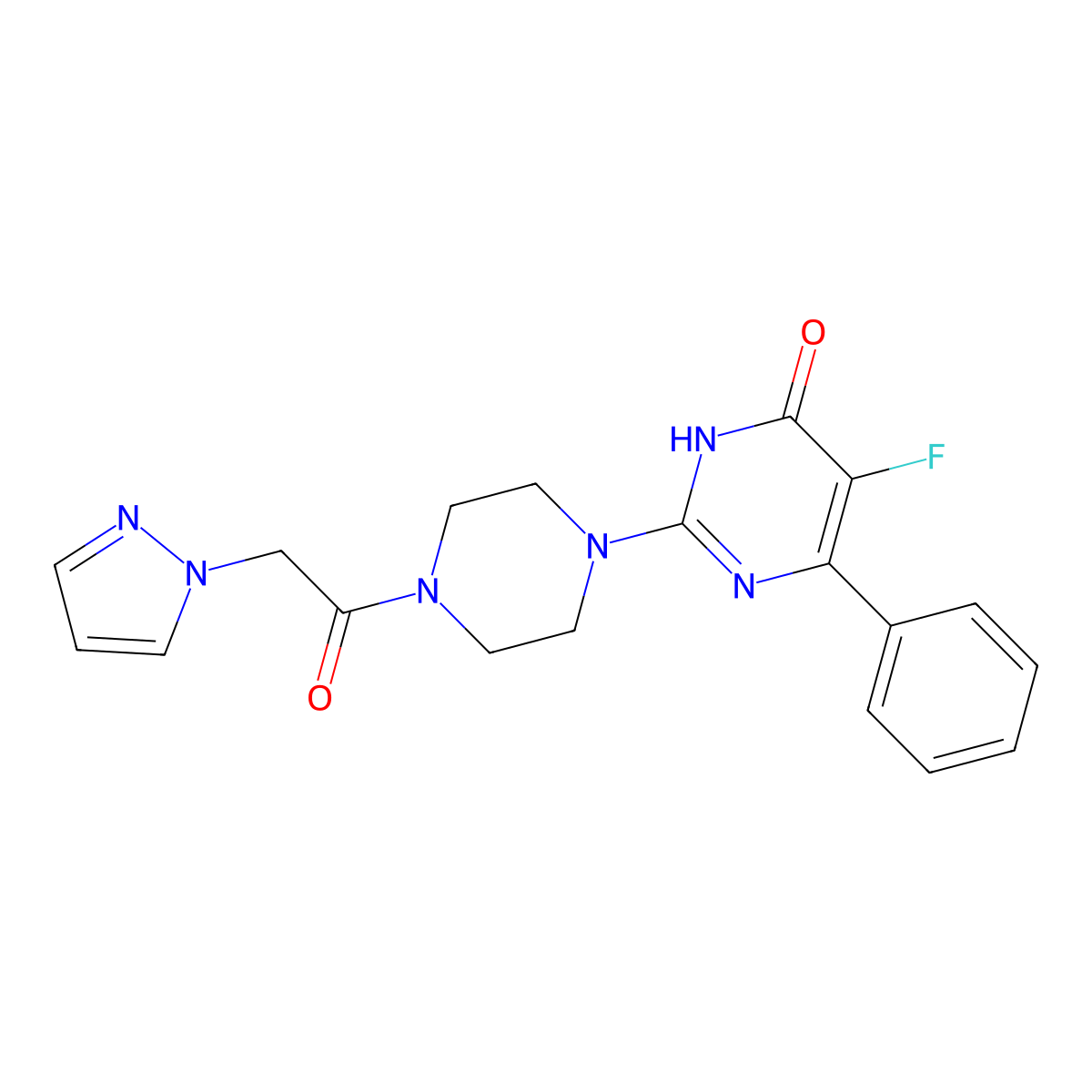 5-fluoro-6-phenyl-2-{4-[2-(1H-pyrazol-1-yl)acetyl]piperazin-1-yl}-3,4-dihydropyrimidin-4-one molecular structure, CAS 2549005-61-8