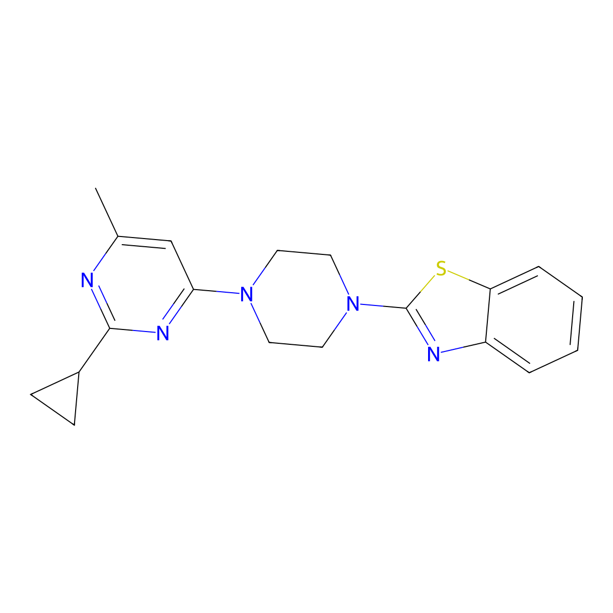 2-[4-(2-Cyclopropyl-6-methylpyrimidin-4-yl)piperazin-1-yl]-1,3-benzothiazole molecular structure, CAS 2549005-62-9