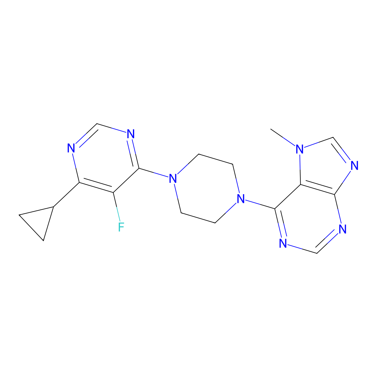 6-[4-(6-cyclopropyl-5-fluoropyrimidin-4-yl)piperazin-1-yl]-7-methyl-7H-purine molecular structure, CAS 2549005-67-4