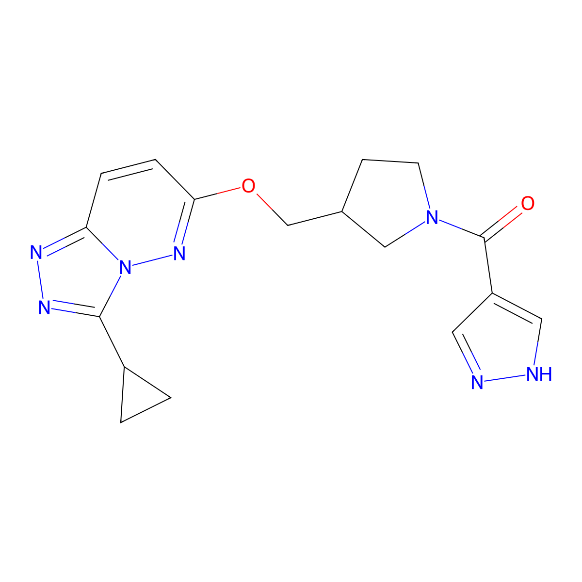 4-{3-[({3-cyclopropyl-[1,2,4]triazolo[4,3-b]pyridazin-6-yl}oxy)methyl]pyrrolidine-1-carbonyl}-1H-pyrazole molecular structure, CAS 2549005-69-6