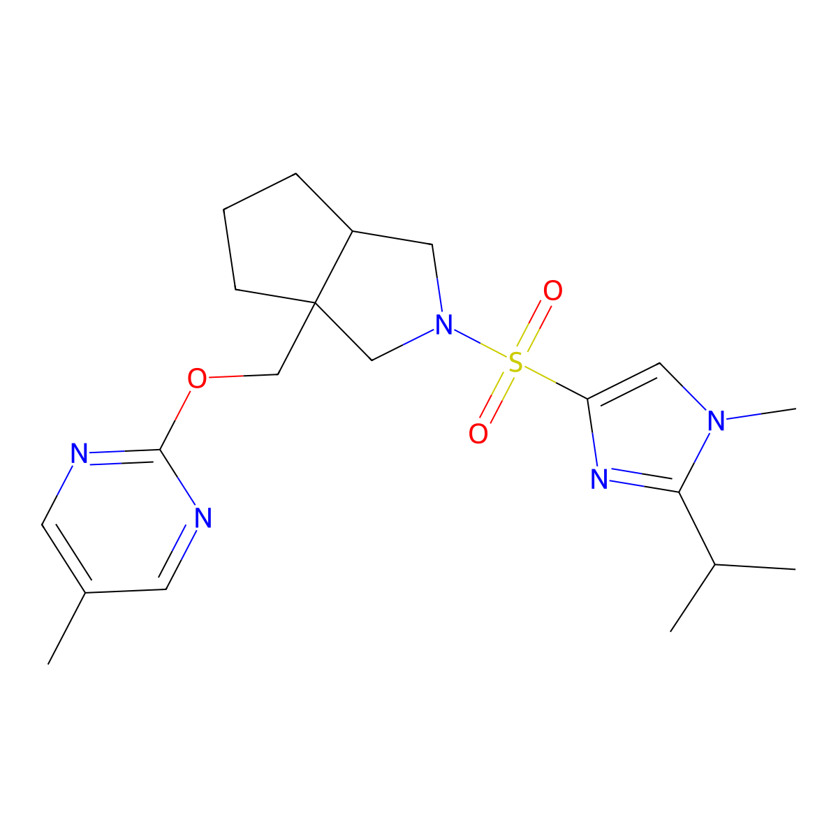 5-methyl-2-[(2-{[1-methyl-2-(propan-2-yl)-1H-imidazol-4-yl]sulfonyl}-octahydrocyclopenta[c]pyrrol-3a-yl)methoxy]pyrimidine molecular structure, CAS 2549005-70-9