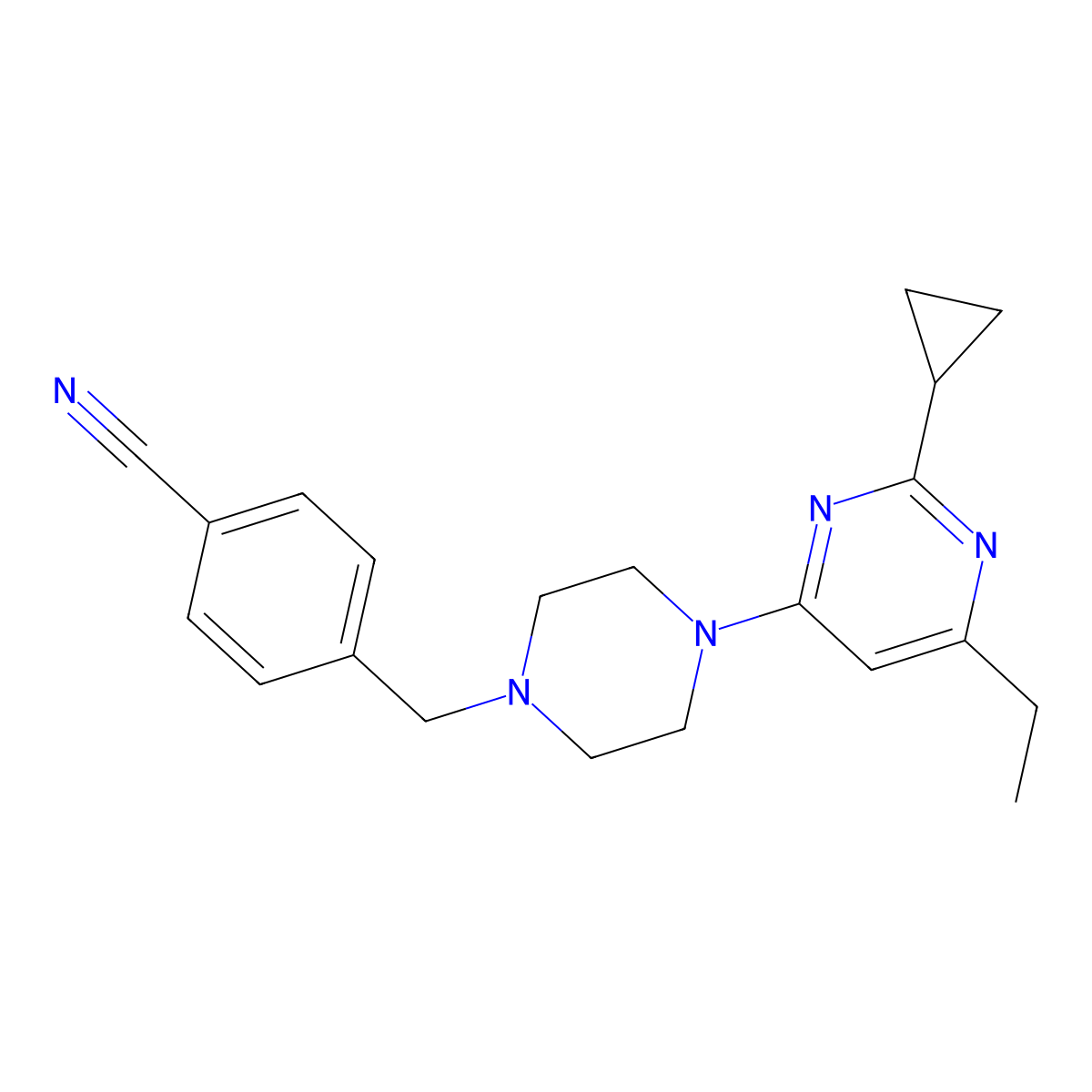 4-{[4-(2-Cyclopropyl-6-ethylpyrimidin-4-yl)piperazin-1-yl]methyl}benzonitrile molecular structure, CAS 2549005-77-6