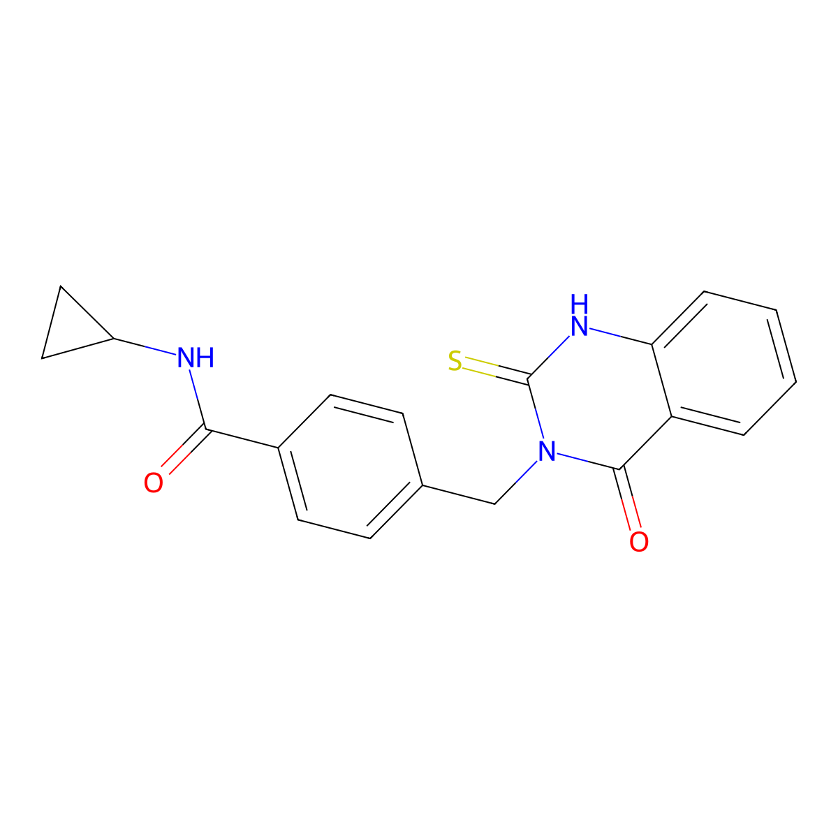 N-cyclopropyl-4-[(4-oxo-2-sulfanylidene-1,2,3,4-tetrahydroquinazolin-3-yl)methyl]benzamide molecular structure, CAS 2549005-85-6