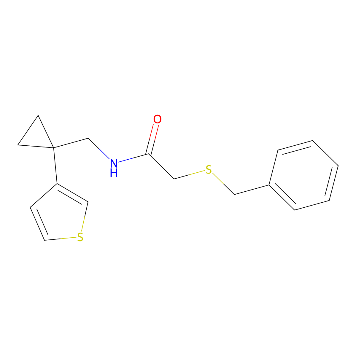 2-(benzylsulfanyl)-N-{[1-(thiophen-3-yl)cyclopropyl]methyl}acetamide molecular structure, CAS 2549005-92-5