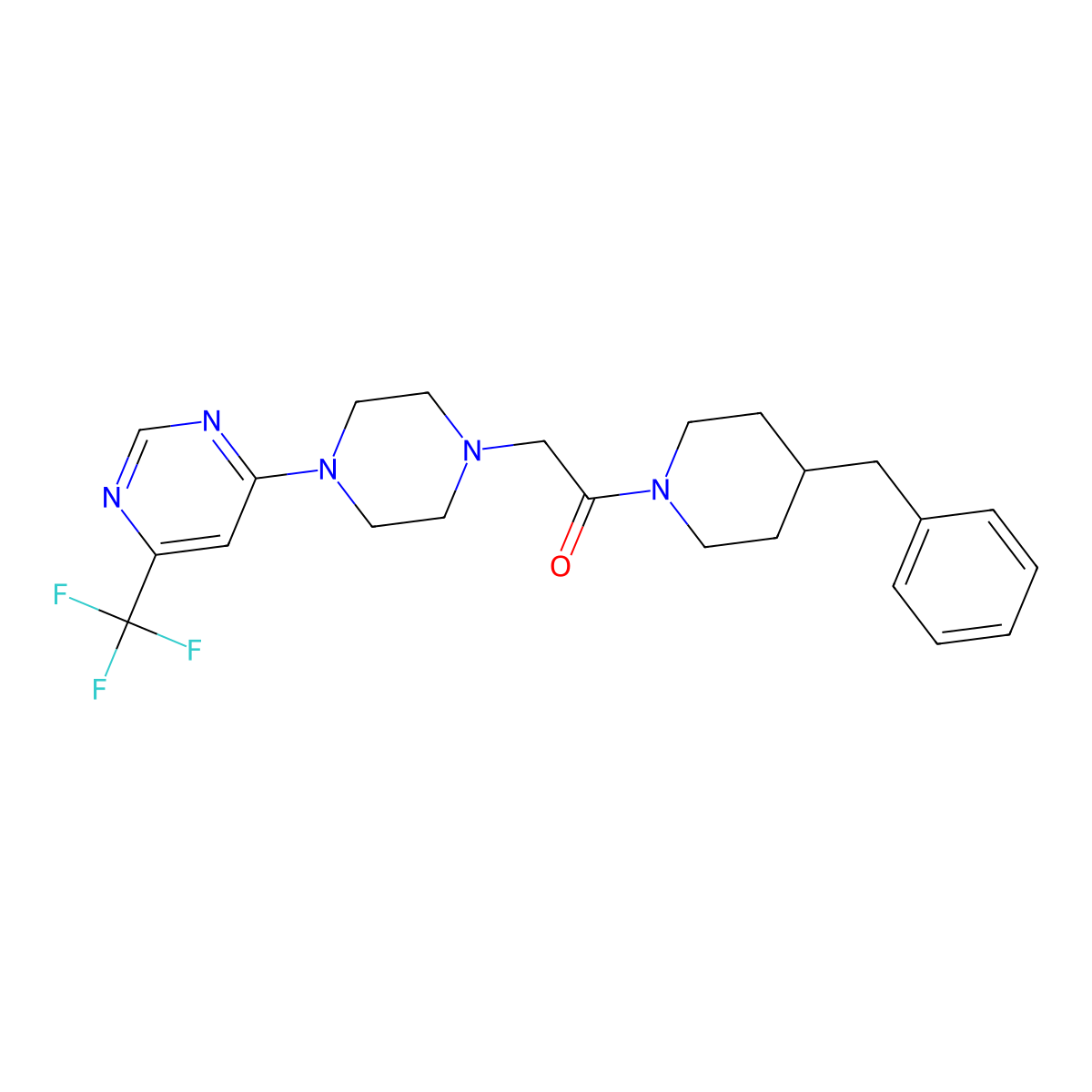 1-(4-Benzylpiperidin-1-yl)-2-{4-[6-(trifluoromethyl)pyrimidin-4-yl]piperazin-1-yl}ethan-1-one molecular structure, CAS 2549005-95-8