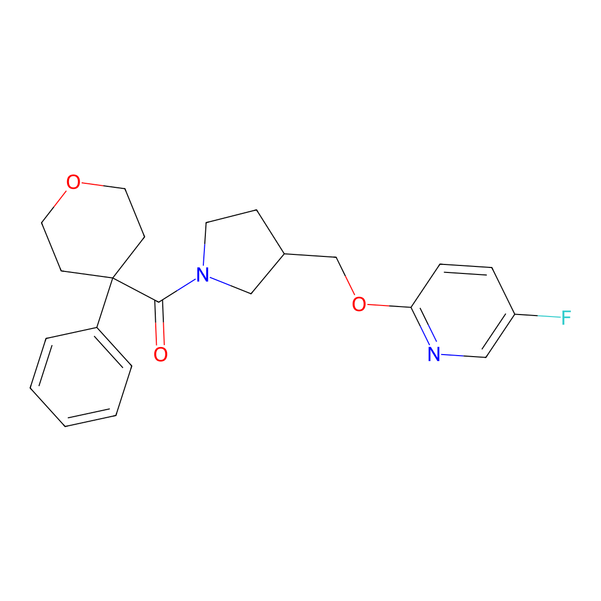 5-Fluoro-2-{[1-(4-phenyloxane-4-carbonyl)pyrrolidin-3-yl]methoxy}pyridine molecular structure, CAS 2549005-96-9