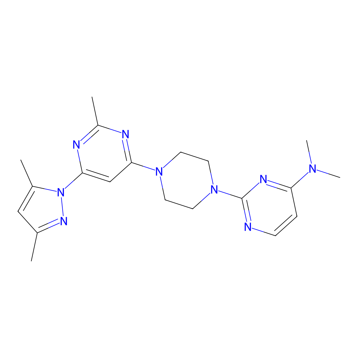 2-{4-[6-(3,5-dimethyl-1H-pyrazol-1-yl)-2-methylpyrimidin-4-yl]piperazin-1-yl}-N,N-dimethylpyrimidin-4-amine molecular structure, CAS 2549006-07-5