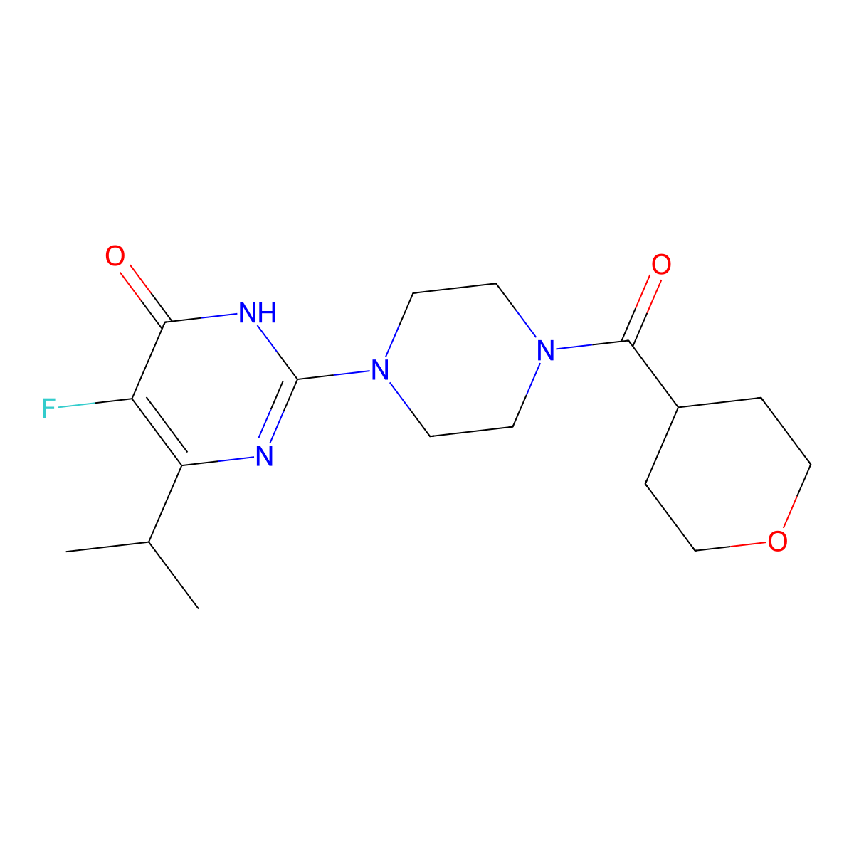 5-Fluoro-2-[4-(oxane-4-carbonyl)piperazin-1-yl]-6-(propan-2-yl)-3,4-dihydropyrimidin-4-one molecular structure, CAS 2549006-11-1
