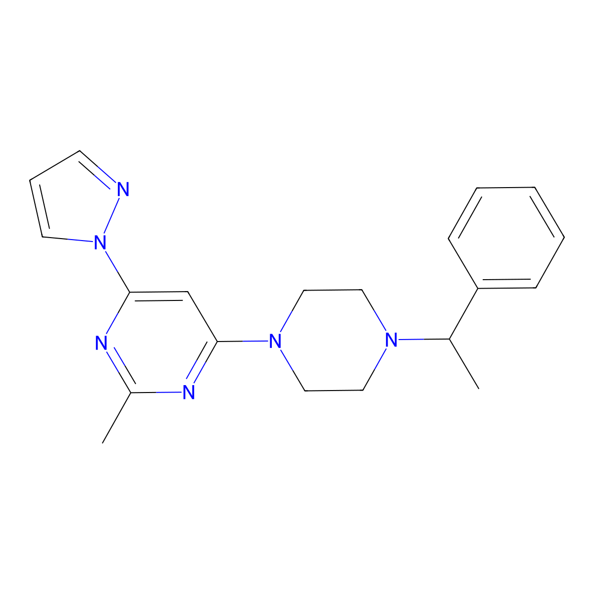 2-methyl-4-[4-(1-phenylethyl)piperazin-1-yl]-6-(1H-pyrazol-1-yl)pyrimidine molecular structure, CAS 2549006-16-6