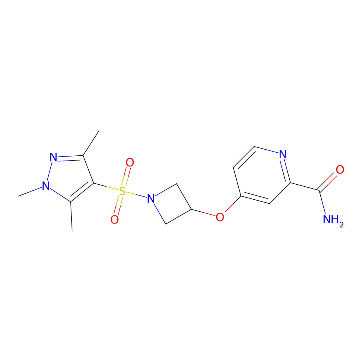 4-({1-[(1,3,5-trimethyl-1H-pyrazol-4-yl)sulfonyl]azetidin-3-yl}oxy)pyridine-2-carboxamide molecular structure, CAS 2549006-21-3