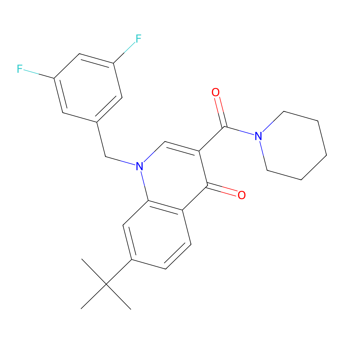 7-Tert-butyl-1-[(3,5-difluorophenyl)methyl]-3-(piperidine-1-carbonyl)-1,4-dihydroquinolin-4-one molecular structure, CAS 2549006-26-8