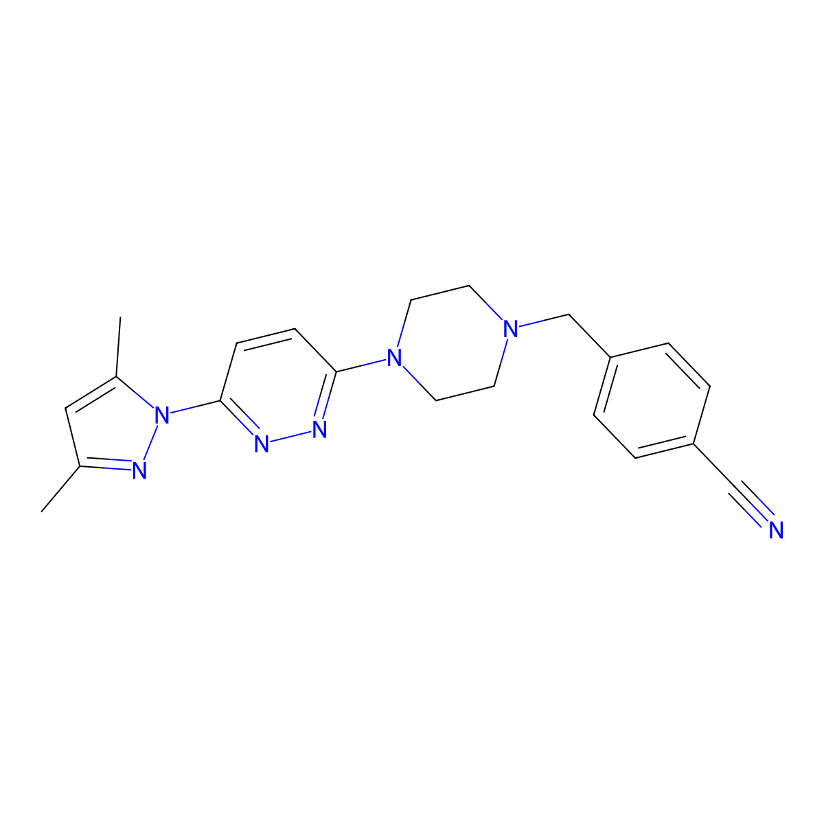 4-({4-[6-(3,5-dimethyl-1H-pyrazol-1-yl)pyridazin-3-yl]piperazin-1-yl}methyl)benzonitrile molecular structure, CAS 2549006-28-0
