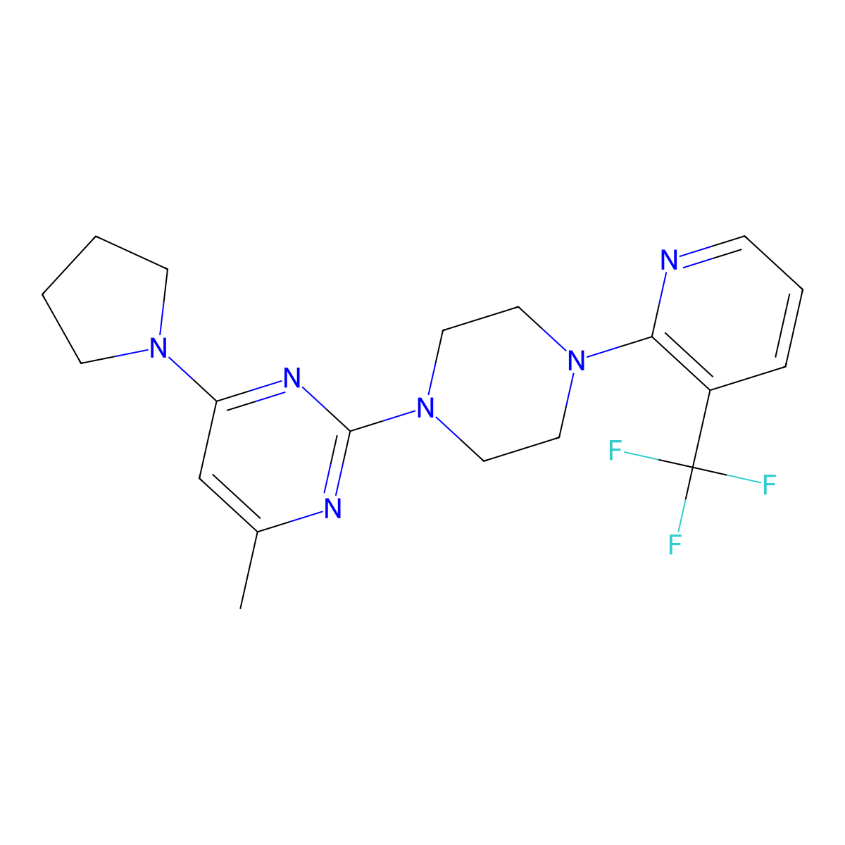 4-Methyl-6-(pyrrolidin-1-yl)-2-{4-[3-(trifluoromethyl)pyridin-2-yl]piperazin-1-yl}pyrimidine molecular structure, CAS 2549006-29-1