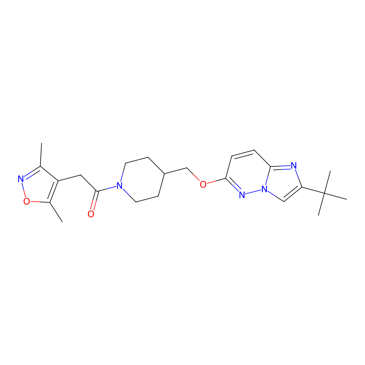 1-{4-[({2-Tert-butylimidazo[1,2-b]pyridazin-6-yl}oxy)methyl]piperidin-1-yl}-2-(3,5-dimethyl-1,2-oxazol-4-yl)ethan-1-one molecular structure, CAS 2549006-36-0