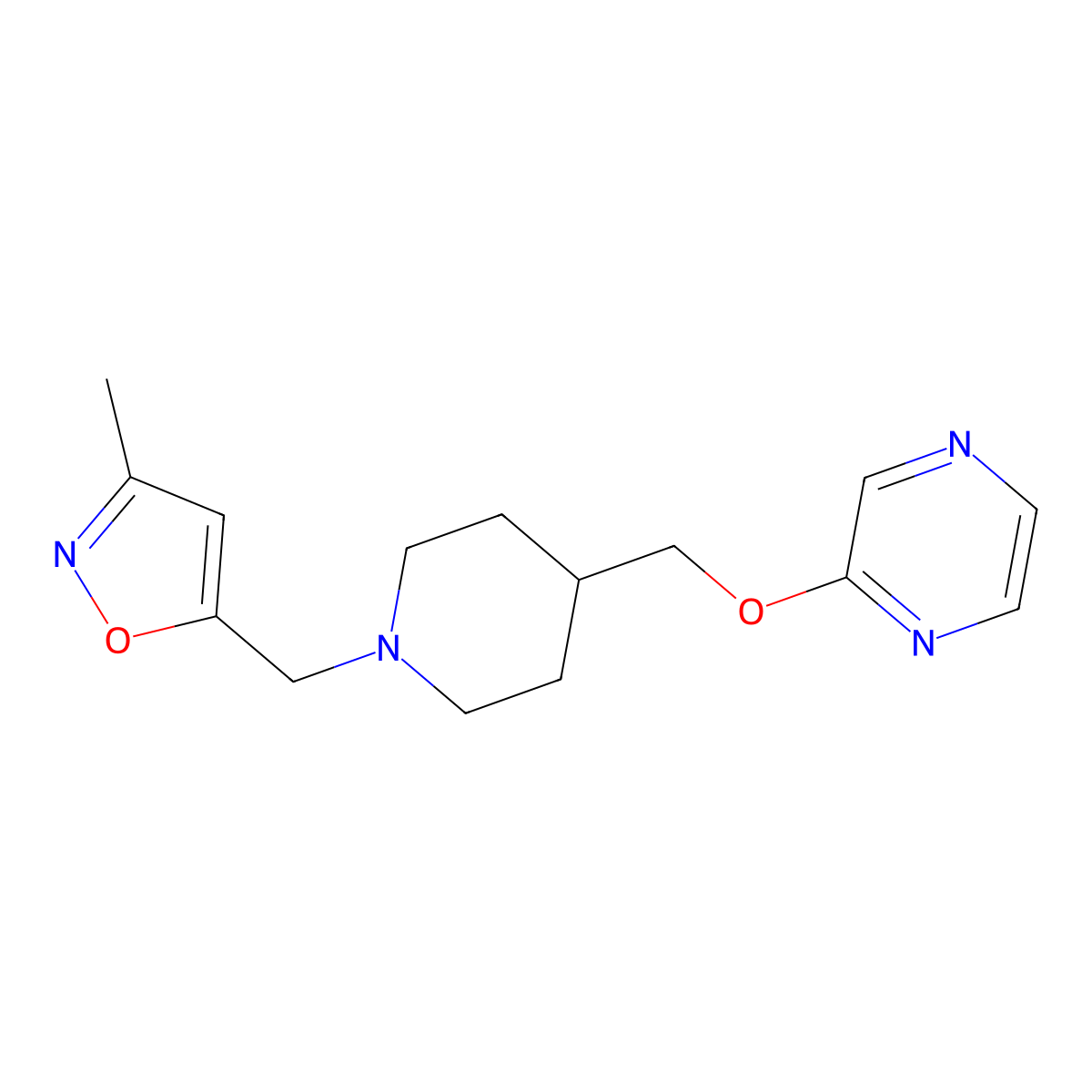 2-({1-[(3-Methyl-1,2-oxazol-5-yl)methyl]piperidin-4-yl}methoxy)pyrazine molecular structure, CAS 2549006-38-2
