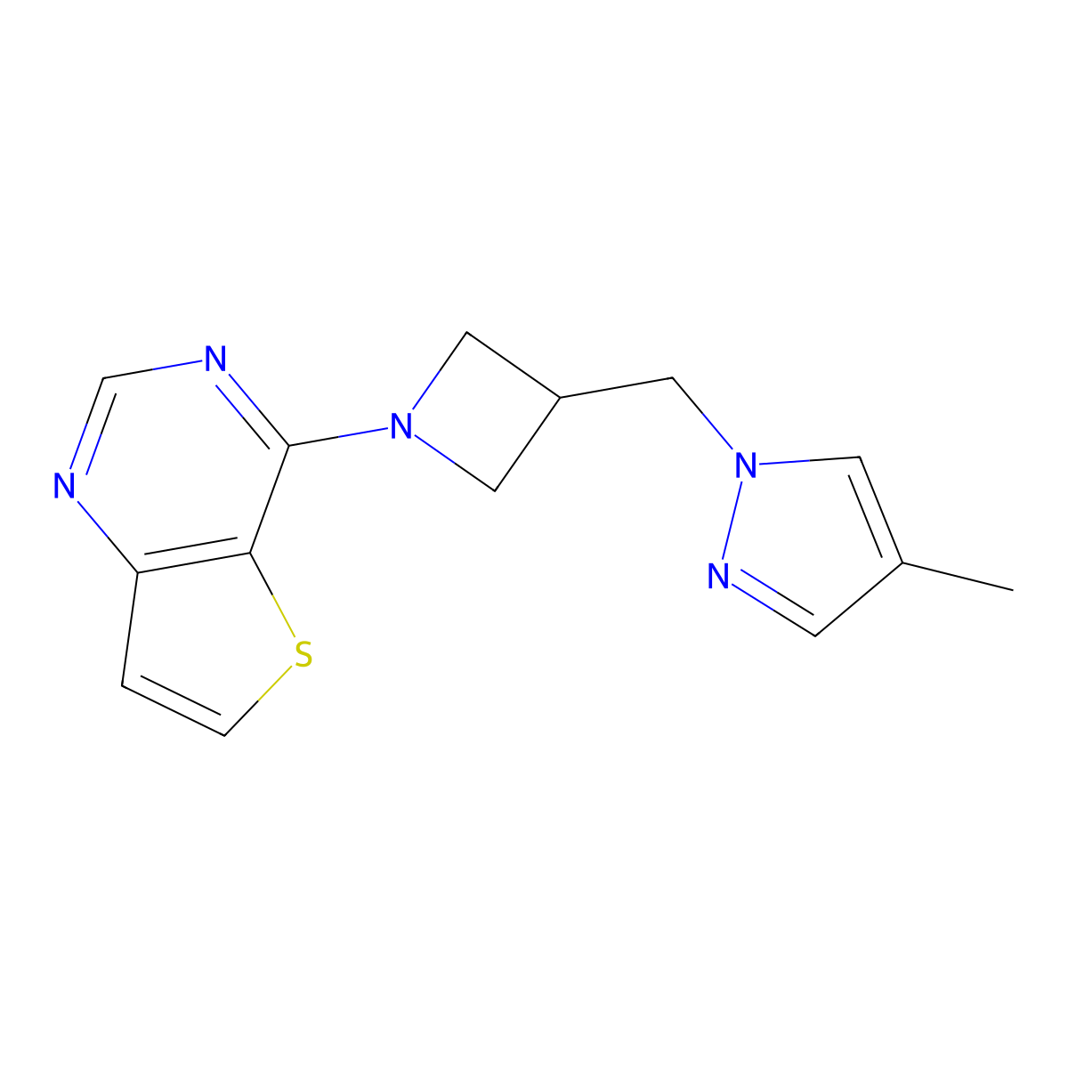 4-methyl-1-[(1-{thieno[3,2-d]pyrimidin-4-yl}azetidin-3-yl)methyl]-1H-pyrazole molecular structure, CAS 2549006-42-8