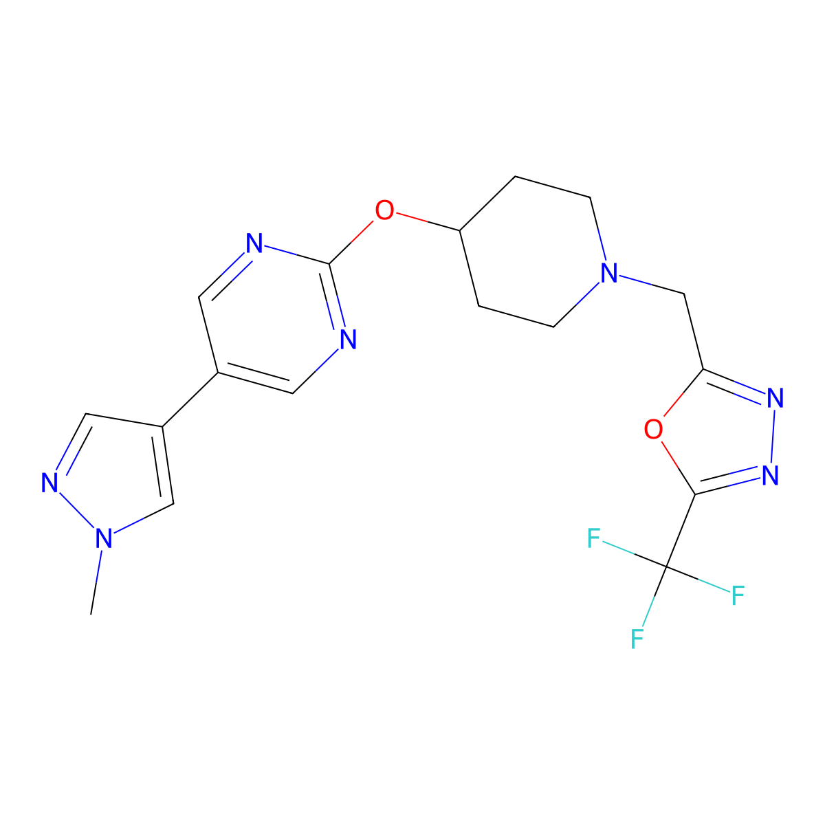 5-(1-methyl-1H-pyrazol-4-yl)-2-[(1-{[5-(trifluoromethyl)-1,3,4-oxadiazol-2-yl]methyl}piperidin-4-yl)oxy]pyrimidine molecular structure, CAS 2549006-66-6