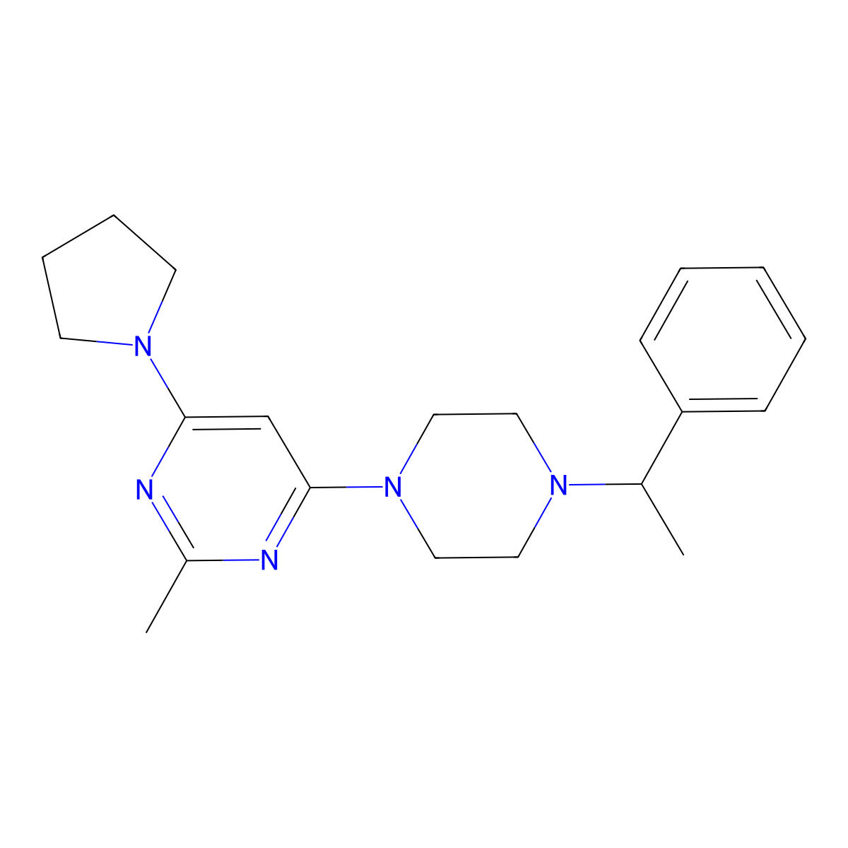 2-Methyl-4-[4-(1-phenylethyl)piperazin-1-yl]-6-(pyrrolidin-1-yl)pyrimidine molecular structure, CAS 2549006-69-9
