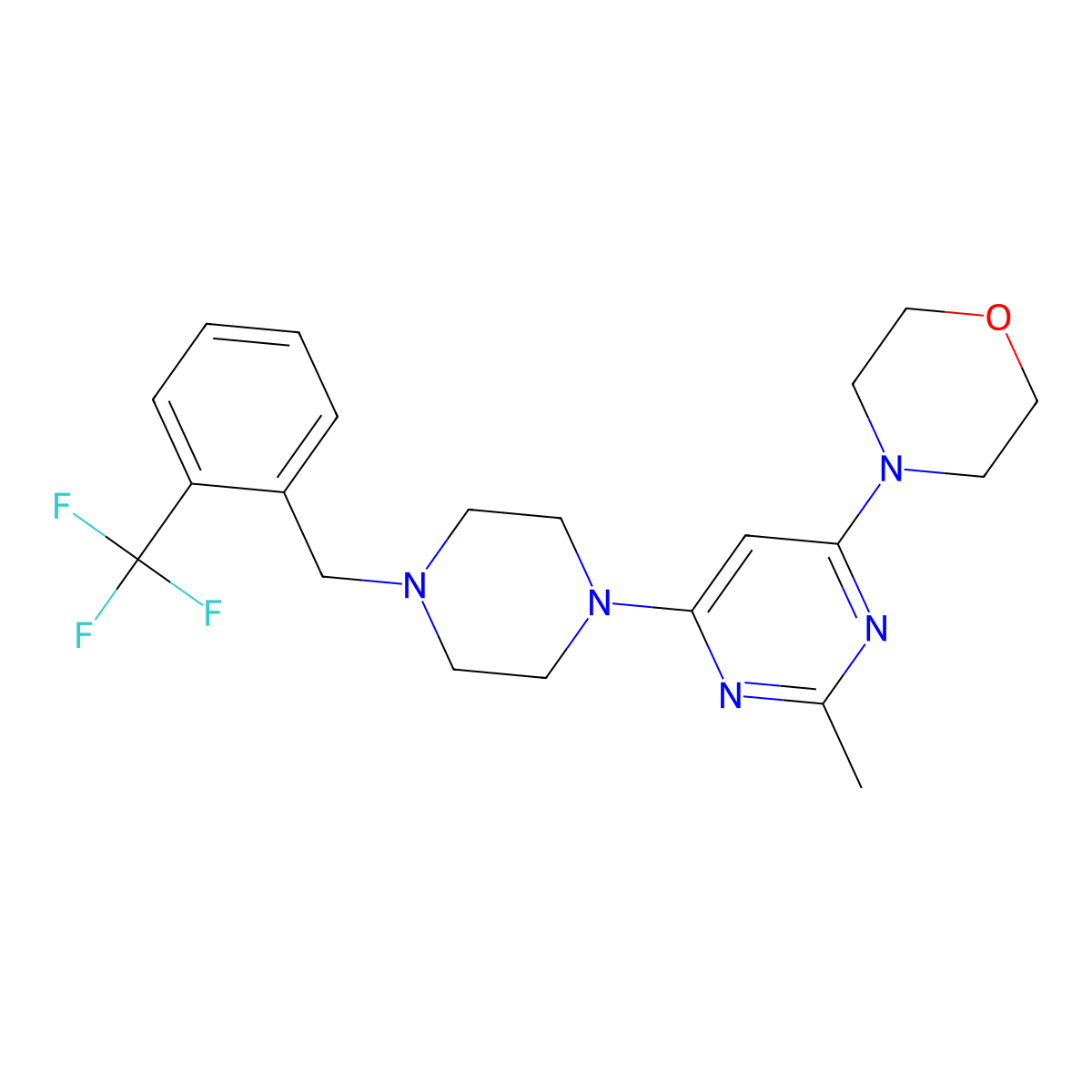 4-[2-Methyl-6-(4-{[2-(trifluoromethyl)phenyl]methyl}piperazin-1-yl)pyrimidin-4-yl]morpholine molecular structure, CAS 2549006-76-8