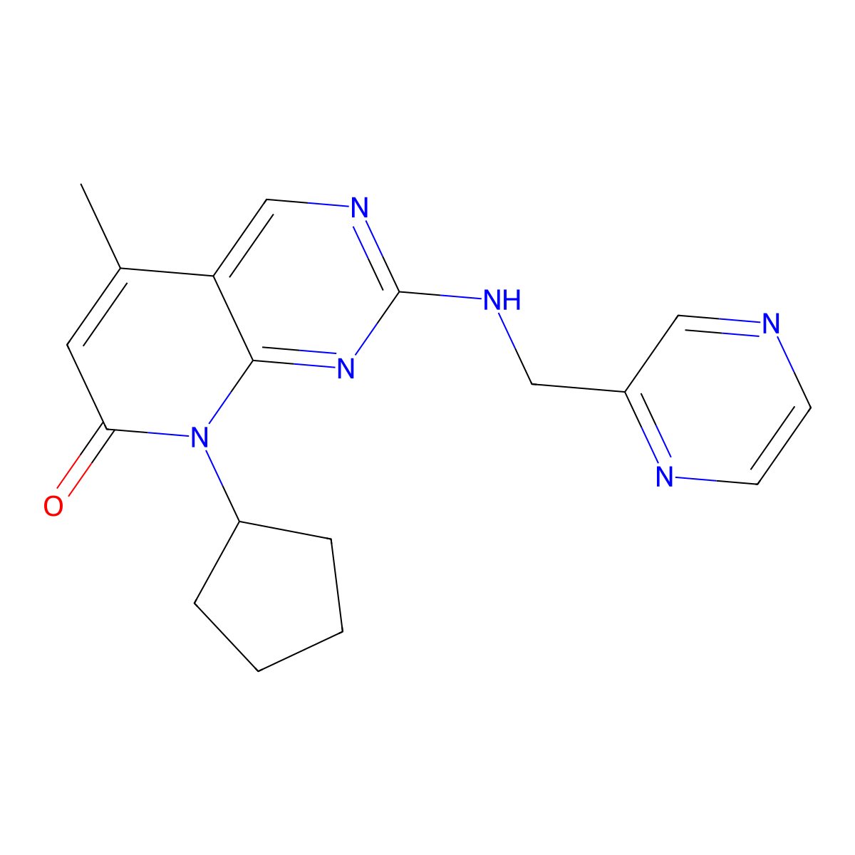 8-cyclopentyl-5-methyl-2-{[(pyrazin-2-yl)methyl]amino}-7H,8H-pyrido[2,3-d]pyrimidin-7-one molecular structure, CAS 2549006-82-6
