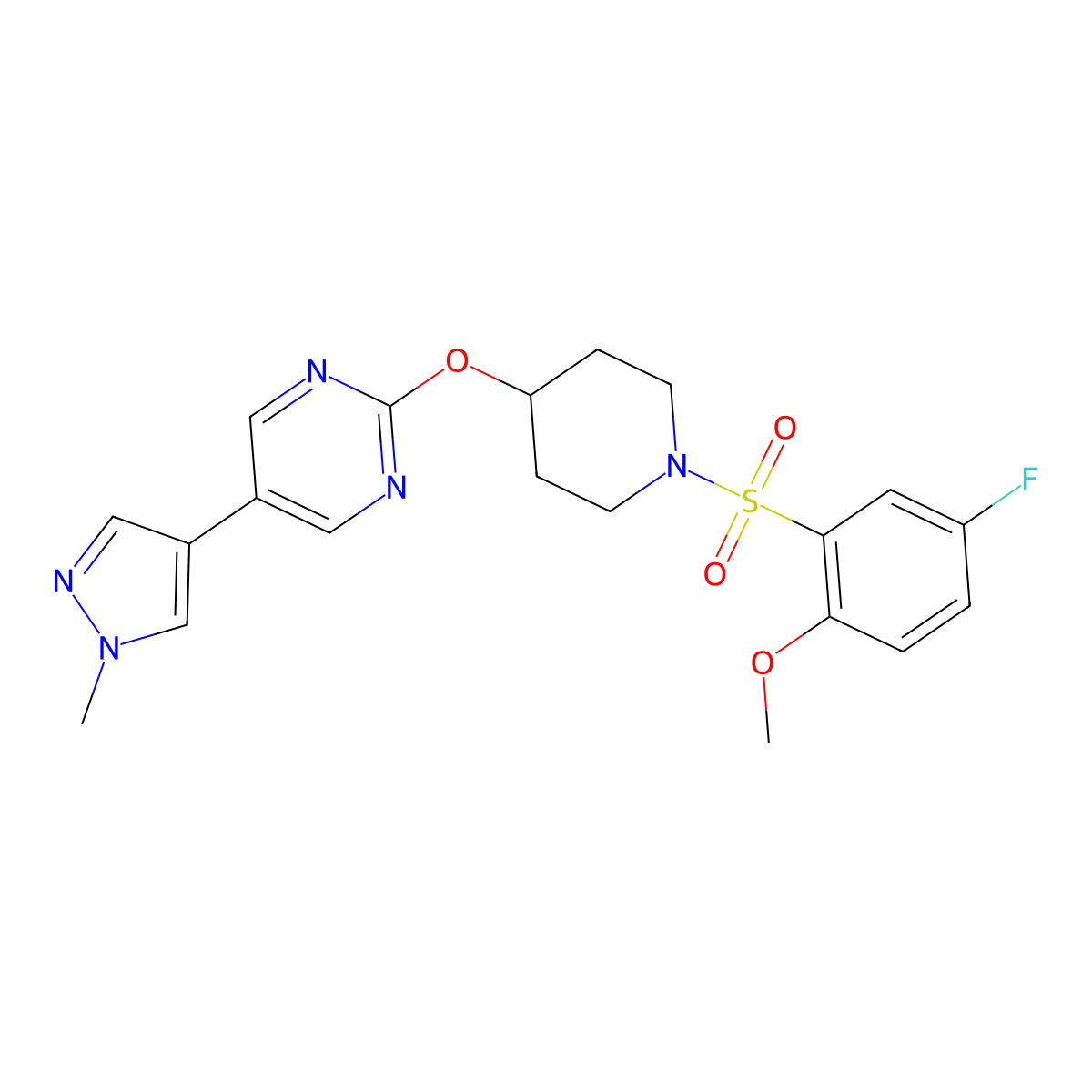 2-{[1-(5-fluoro-2-methoxybenzenesulfonyl)piperidin-4-yl]oxy}-5-(1-methyl-1H-pyrazol-4-yl)pyrimidine molecular structure, CAS 2549006-88-2