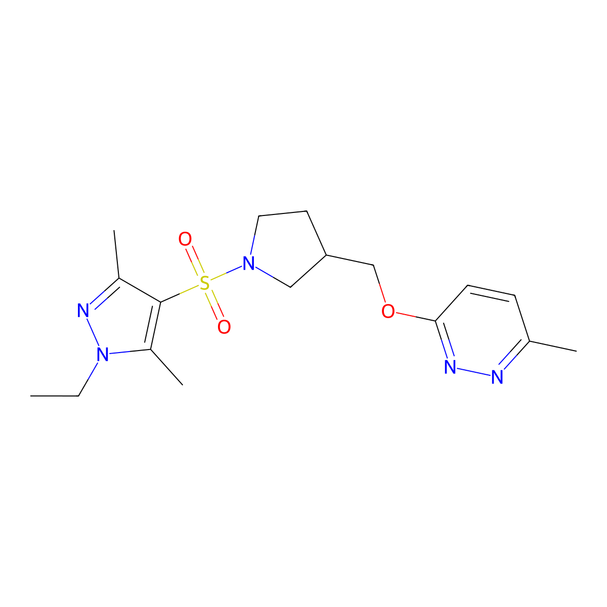 3-({1-[(1-ethyl-3,5-dimethyl-1H-pyrazol-4-yl)sulfonyl]pyrrolidin-3-yl}methoxy)-6-methylpyridazine molecular structure, CAS 2549006-92-8