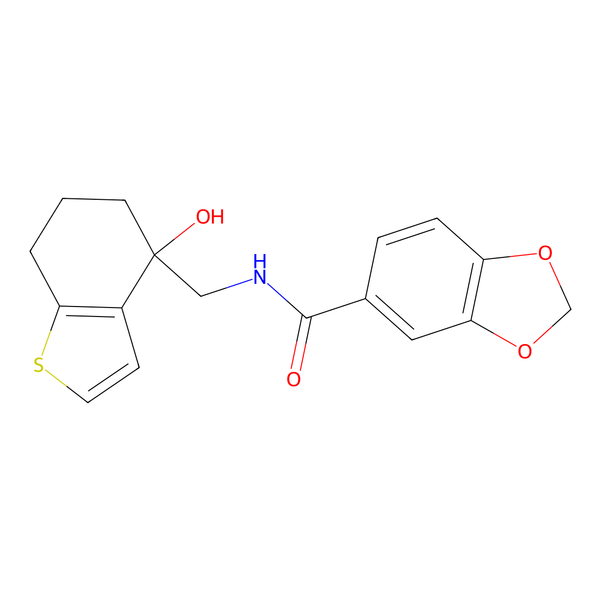 N-[(4-hydroxy-4,5,6,7-tetrahydro-1-benzothiophen-4-yl)methyl]-2H-1,3-benzodioxole-5-carboxamide molecular structure, CAS 2549007-00-1