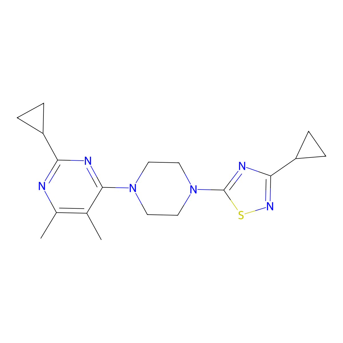 2-Cyclopropyl-4-[4-(3-cyclopropyl-1,2,4-thiadiazol-5-yl)piperazin-1-yl]-5,6-dimethylpyrimidine molecular structure, CAS 2549007-01-2
