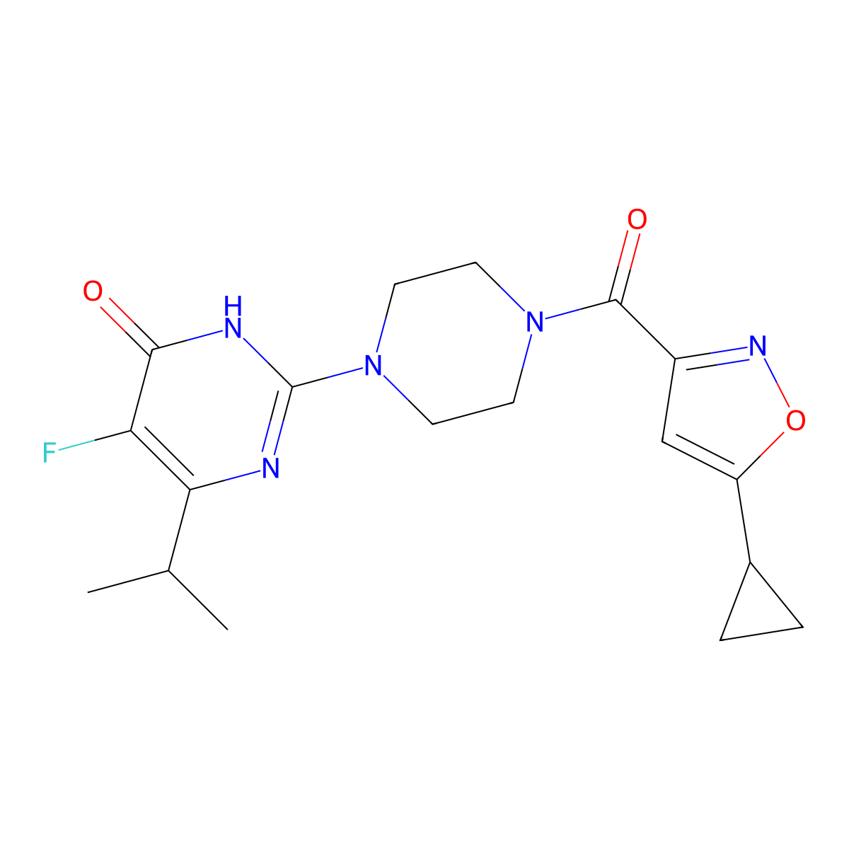 2-[4-(5-Cyclopropyl-1,2-oxazole-3-carbonyl)piperazin-1-yl]-5-fluoro-6-(propan-2-yl)-3,4-dihydropyrimidin-4-one molecular structure, CAS 2549007-04-5