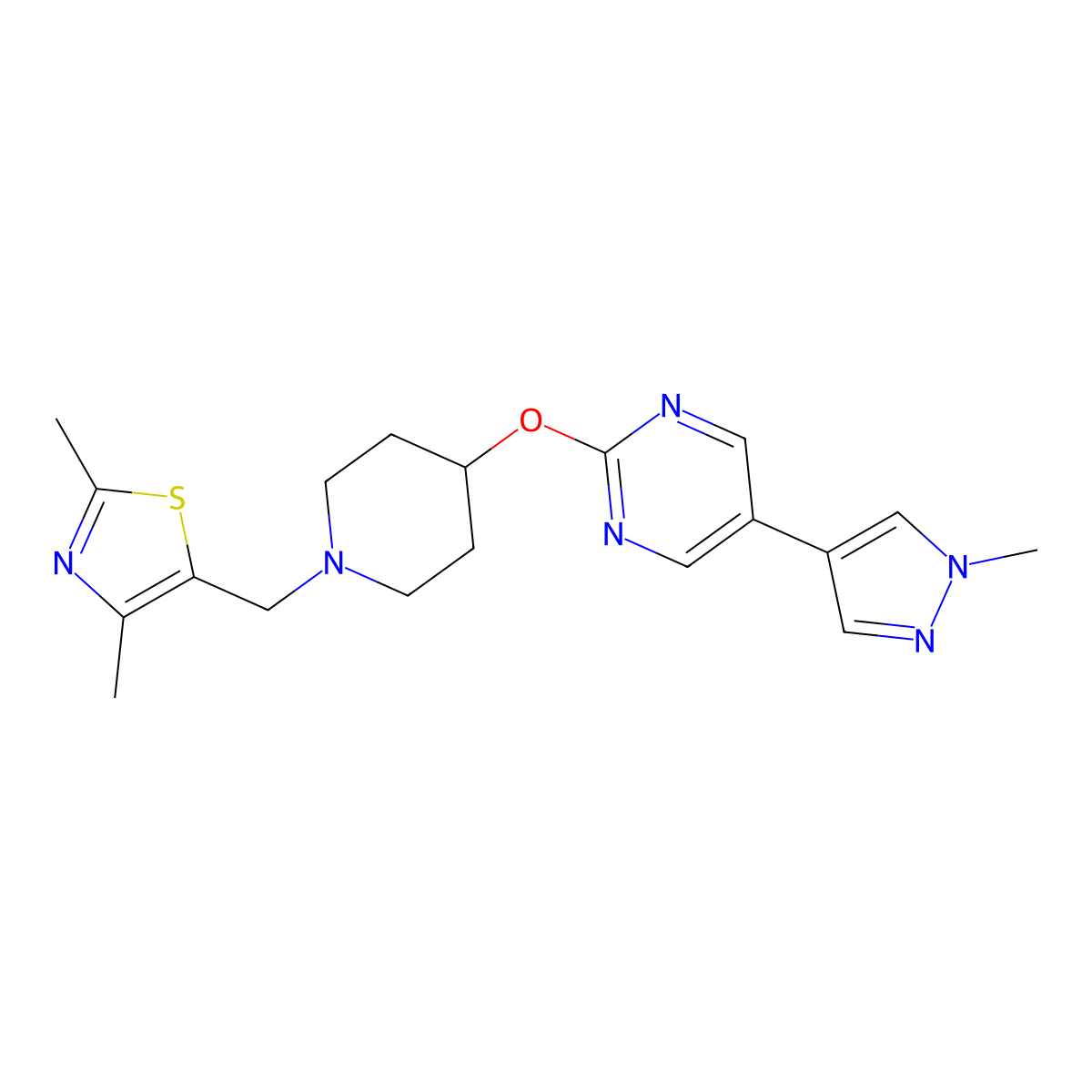 2-({1-[(2,4-dimethyl-1,3-thiazol-5-yl)methyl]piperidin-4-yl}oxy)-5-(1-methyl-1H-pyrazol-4-yl)pyrimidine molecular structure, CAS 2549007-14-7
