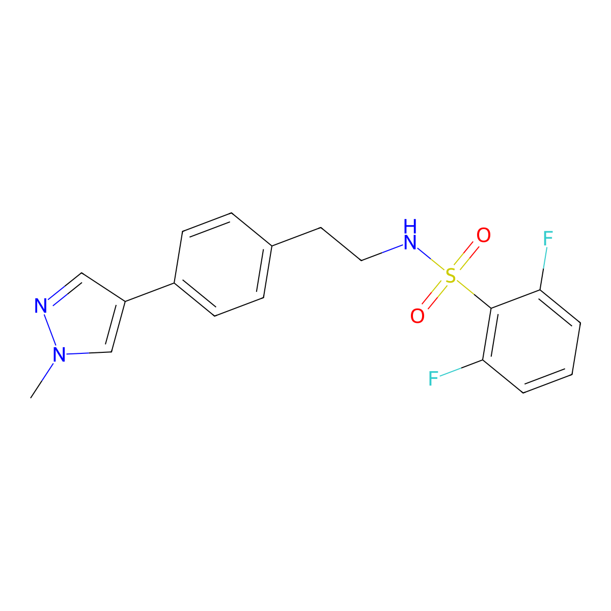 2,6-difluoro-N-{2-[4-(1-methyl-1H-pyrazol-4-yl)phenyl]ethyl}benzene-1-sulfonamide molecular structure, CAS 2549007-21-6