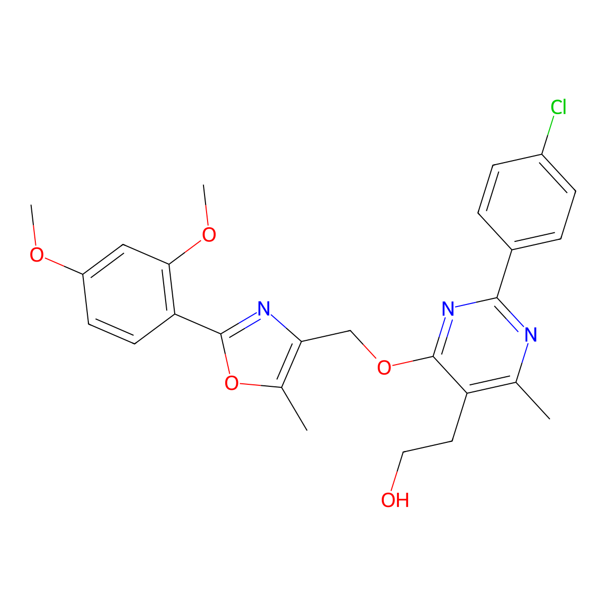 2-[2-(4-Chlorophenyl)-4-{[2-(2,4-dimethoxyphenyl)-5-methyl-1,3-oxazol-4-yl]methoxy}-6-methylpyrimidin-5-yl]ethan-1-ol molecular structure, CAS 2549007-32-9