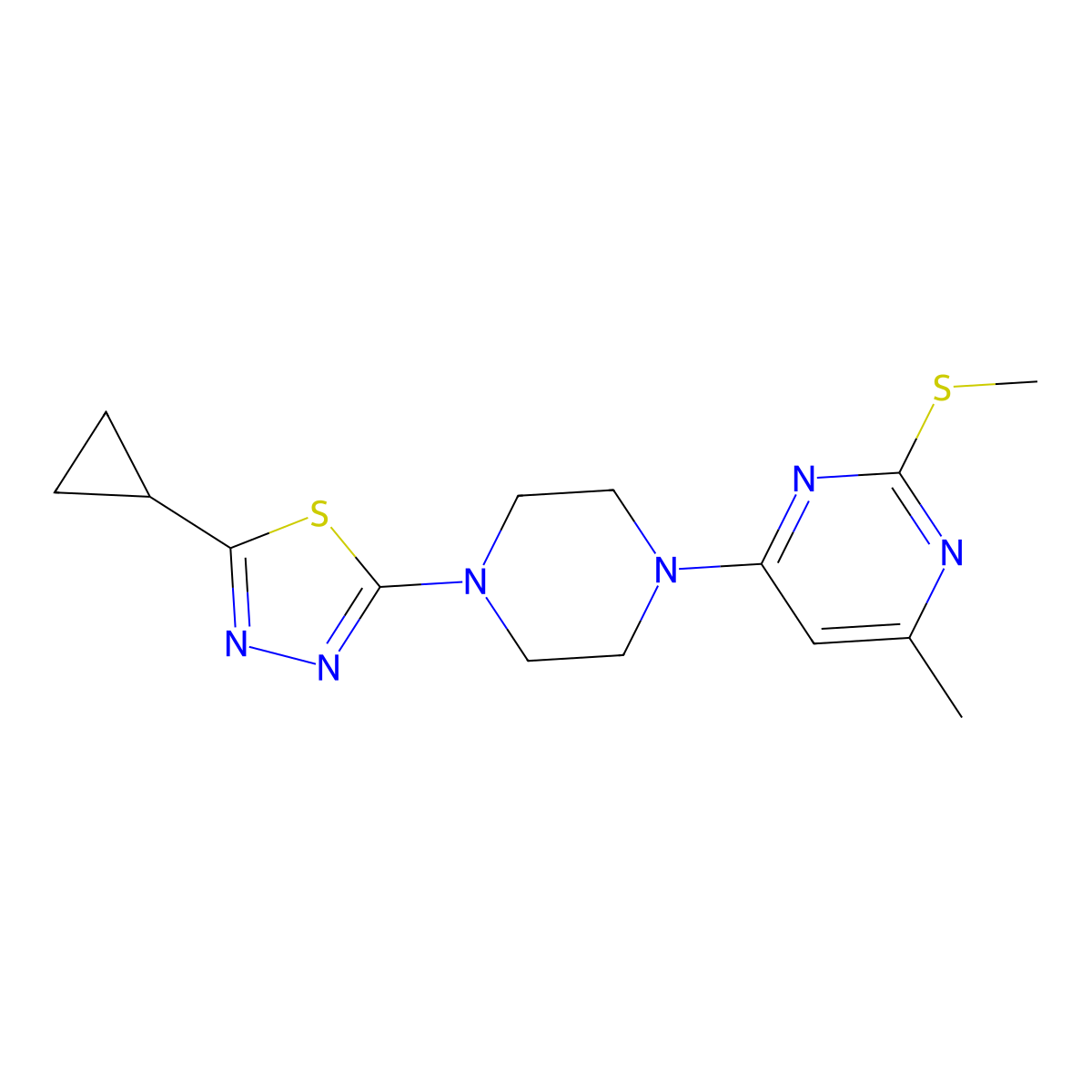 4-[4-(5-Cyclopropyl-1,3,4-thiadiazol-2-yl)piperazin-1-yl]-6-methyl-2-(methylsulfanyl)pyrimidine molecular structure, CAS 2549007-33-0