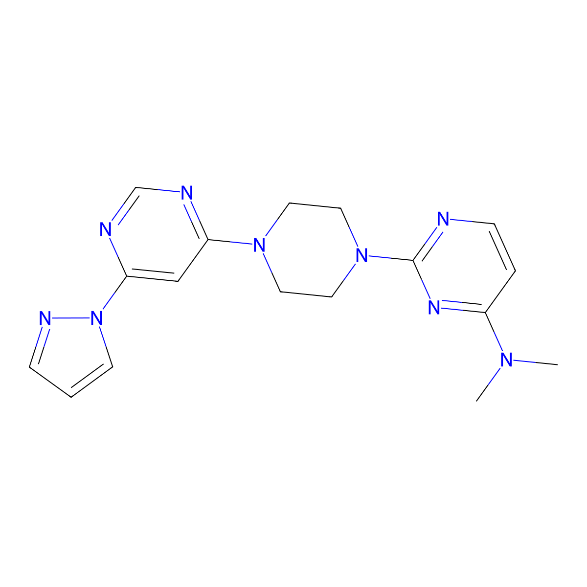 N,N-dimethyl-2-{4-[6-(1H-pyrazol-1-yl)pyrimidin-4-yl]piperazin-1-yl}pyrimidin-4-amine molecular structure, CAS 2549007-39-6