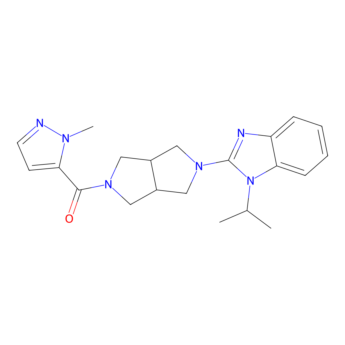 2-[5-(1-methyl-1H-pyrazole-5-carbonyl)-octahydropyrrolo[3,4-c]pyrrol-2-yl]-1-(propan-2-yl)-1H-1,3-benzodiazole molecular structure, CAS 2549007-40-9