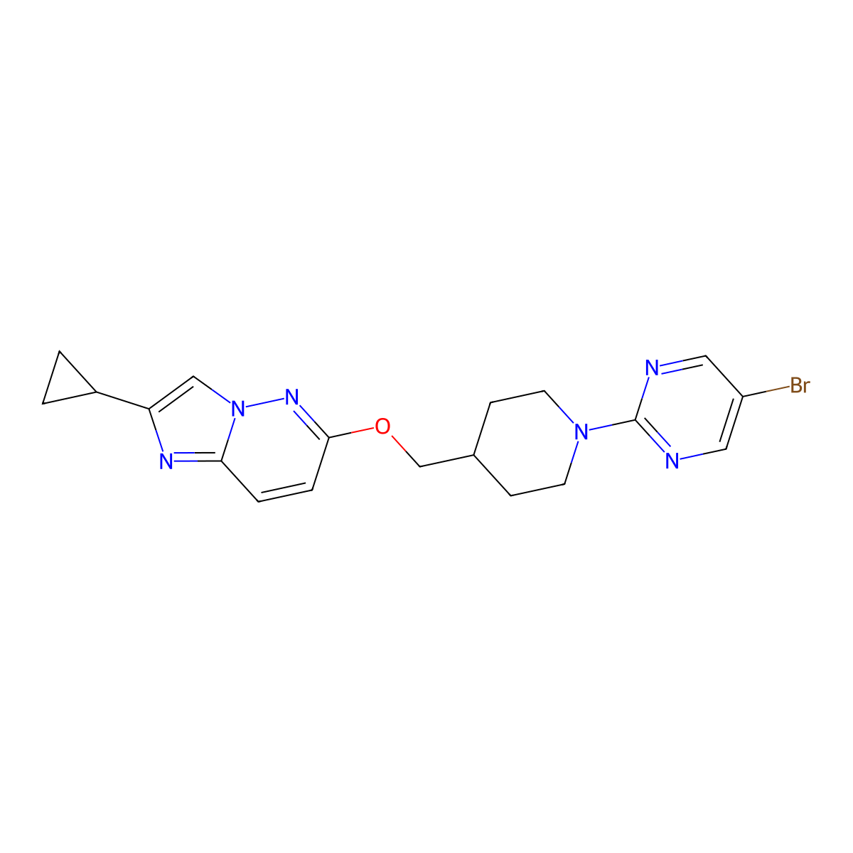 5-Bromo-2-{4-[({2-cyclopropylimidazo[1,2-b]pyridazin-6-yl}oxy)methyl]piperidin-1-yl}pyrimidine molecular structure, CAS 2549007-45-4