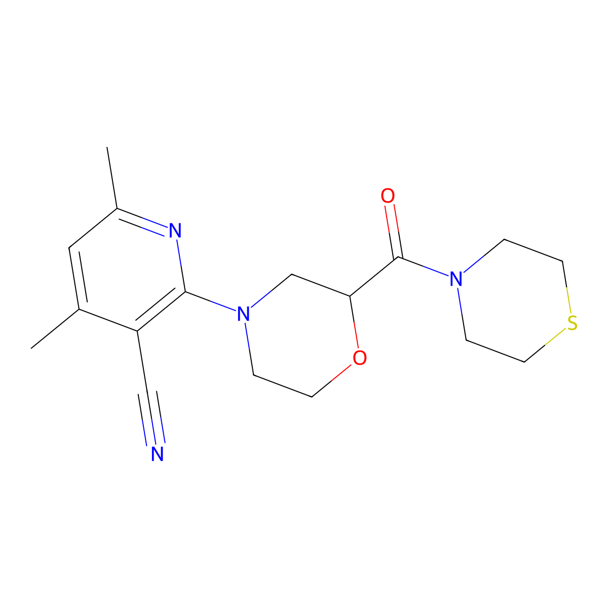 4,6-Dimethyl-2-[2-(thiomorpholine-4-carbonyl)morpholin-4-yl]pyridine-3-carbonitrile molecular structure, CAS 2549007-60-3