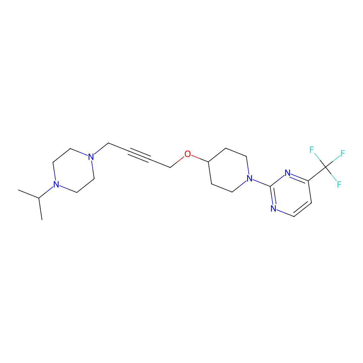 2-[4-({4-[4-(Propan-2-yl)piperazin-1-yl]but-2-yn-1-yl}oxy)piperidin-1-yl]-4-(trifluoromethyl)pyrimidine molecular structure, CAS 2549007-71-6