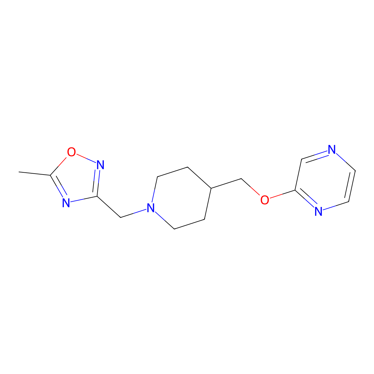2-({1-[(5-Methyl-1,2,4-oxadiazol-3-yl)methyl]piperidin-4-yl}methoxy)pyrazine molecular structure, CAS 2549007-76-1